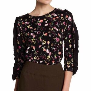 Philosophy Black and Yellow Ruffled Sleeve Floral Print Sweater Size XL
